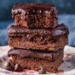 a stack of 3 cake mix brownies on a plate