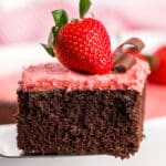 a piece of chocolate strawberry cake on a spatula