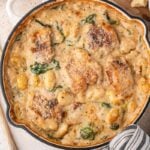 horizontal image of creamy chicken gnocchi bake