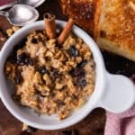 overhead view of hearty oatmeal with raisins and walnuts
