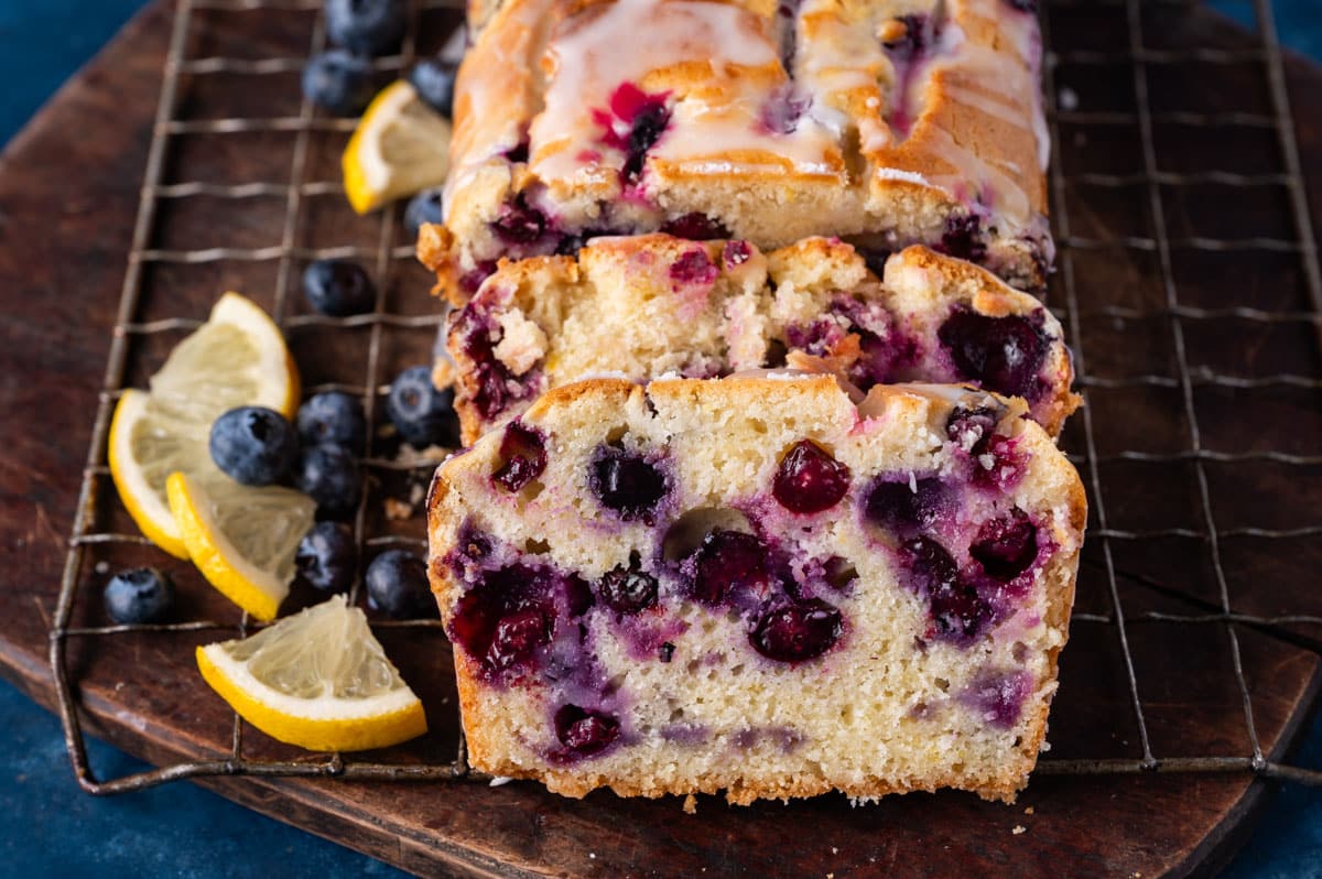lemon blueberry cake on a wire rack