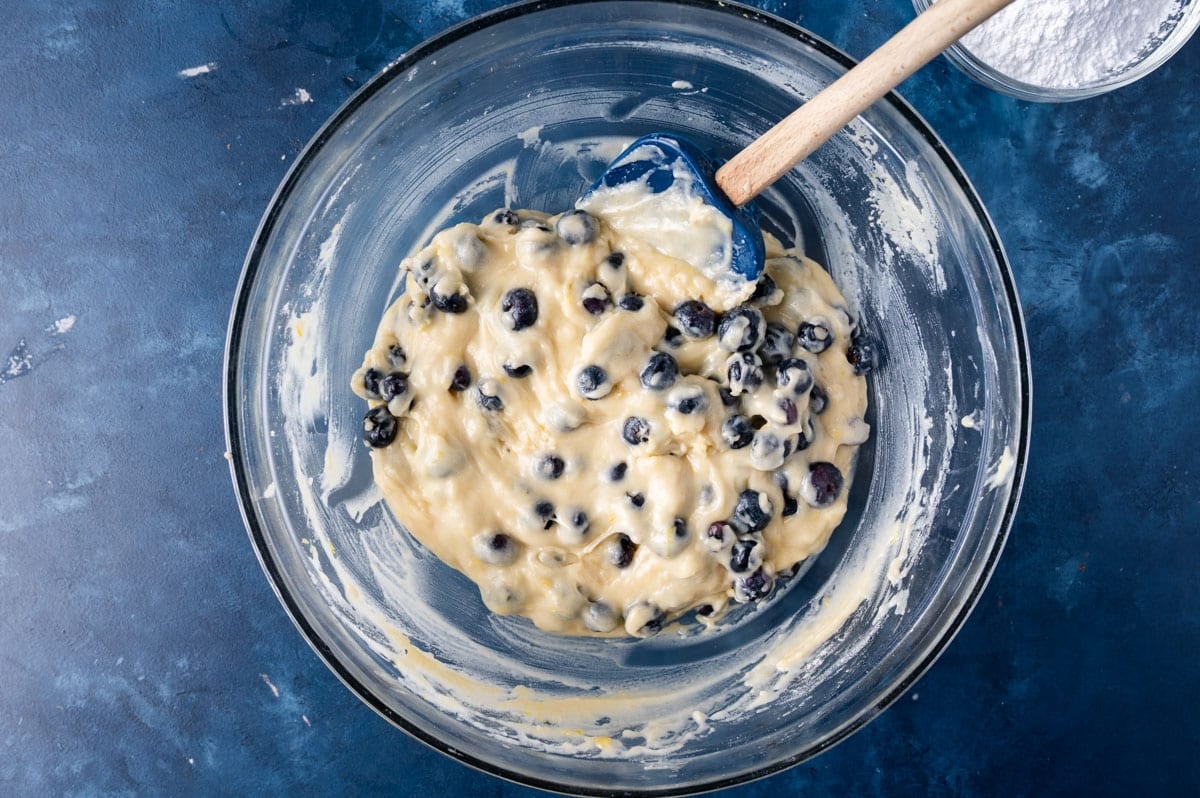 blueberry bread batter in a bowl