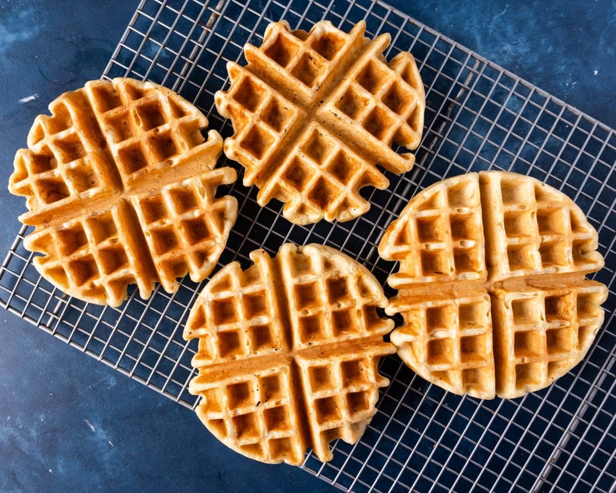 sourdough waffles on a wire rack