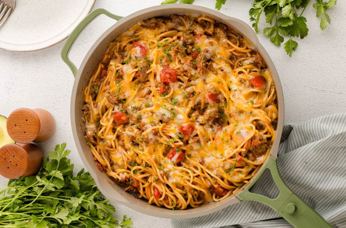 taco spaghetti in a skillet on a table