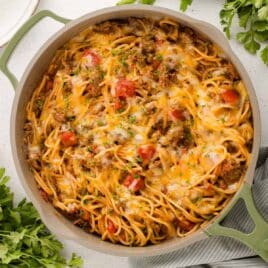 taco spaghetti in a skillet on a table