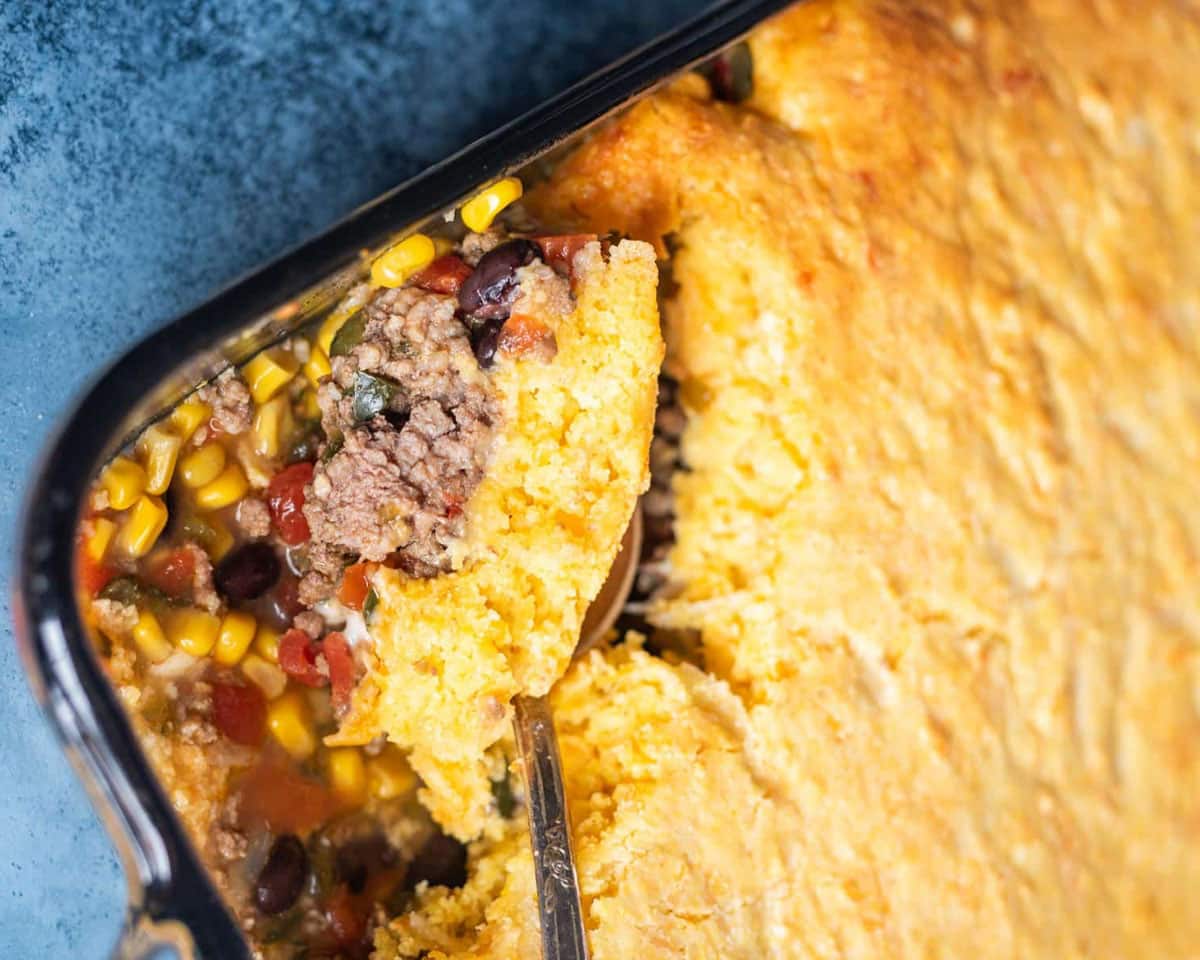overhead view of tamale pie with ground beef