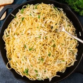 overhead view of brown butter spaghetti in a skillet