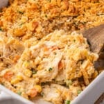 a wooden spoon in a chicken casserole