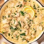 closeup of lemon chicken orzo in a skillet