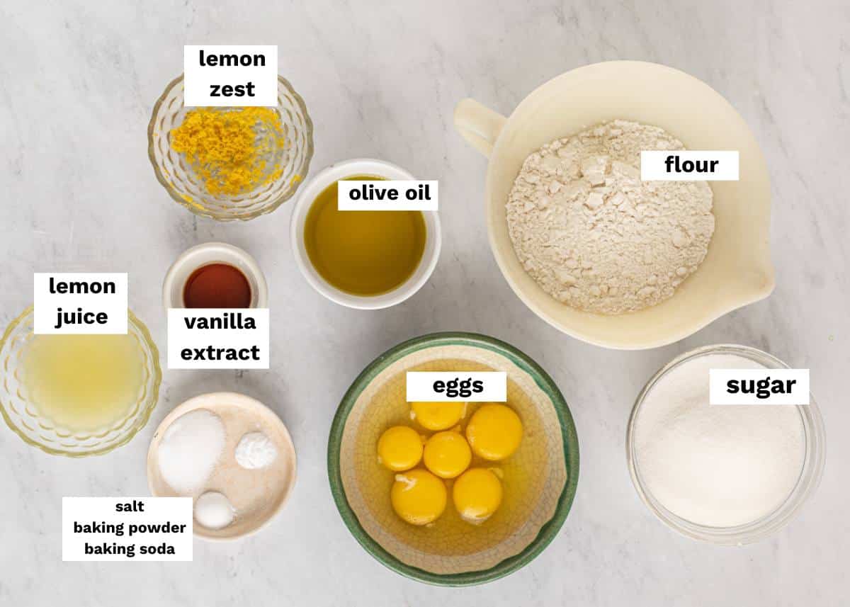 lemon olive oil cake ingredients on a table
