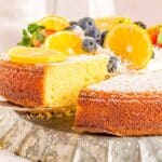 a slice of lemon olive oil cake on a spatula