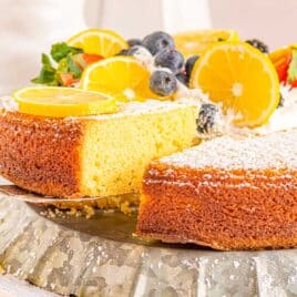 a slice of lemon olive oil cake on a spatula