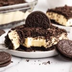 a piece of oreo dirt cake with a fork