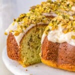 a slice of pistachio bundt cake cut