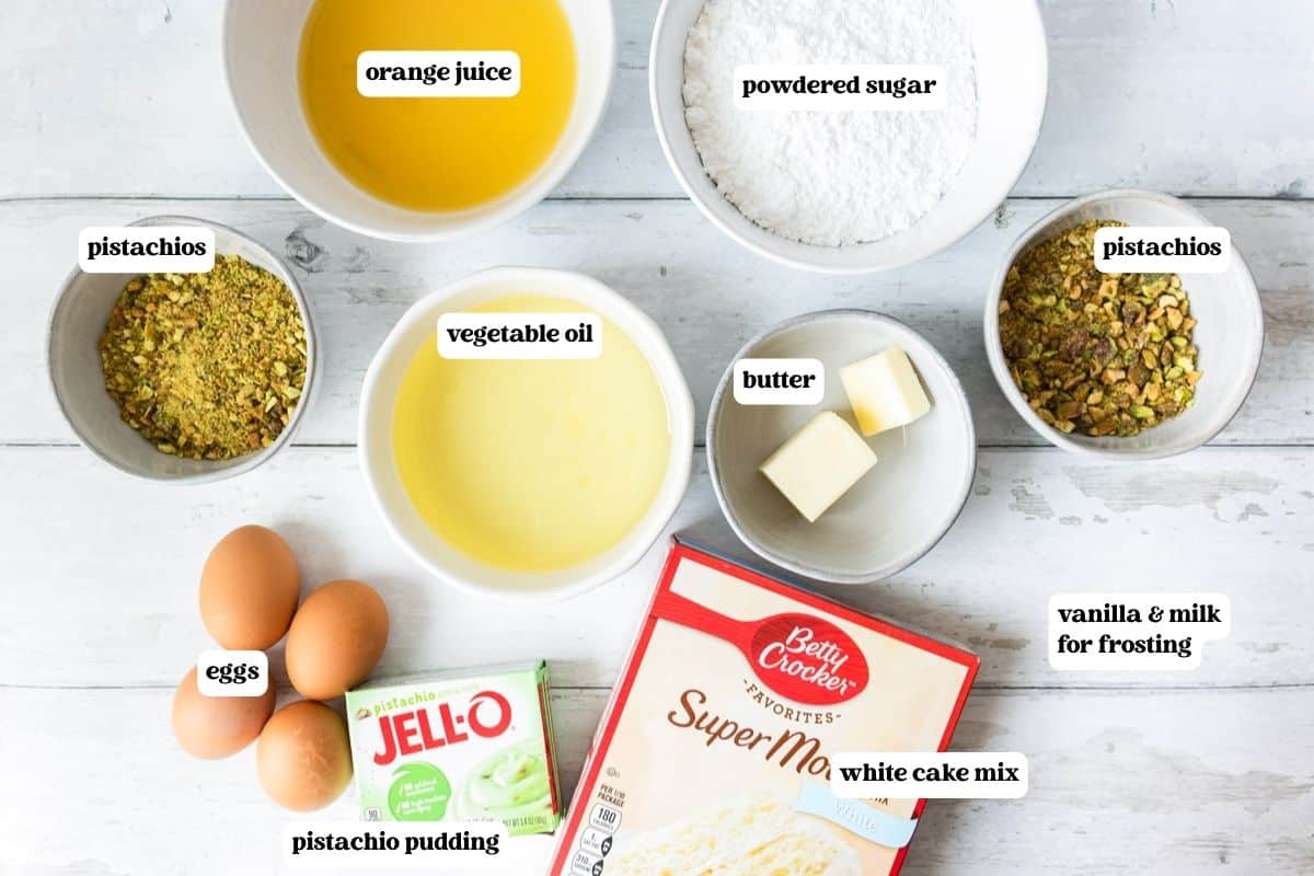 pistachio cake ingredients on a table