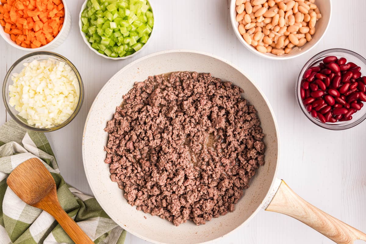 cooked ground beef in a skillet on a table