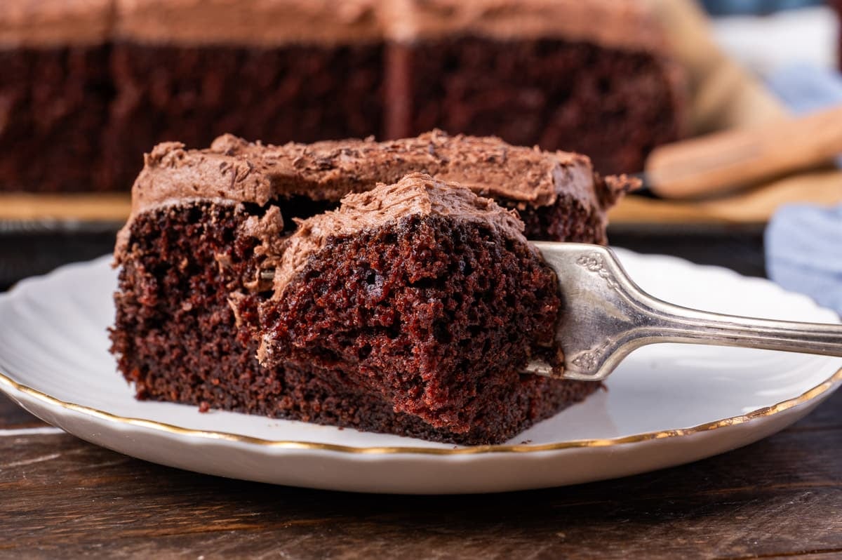 a fork cutting into a piece of chocolate cake