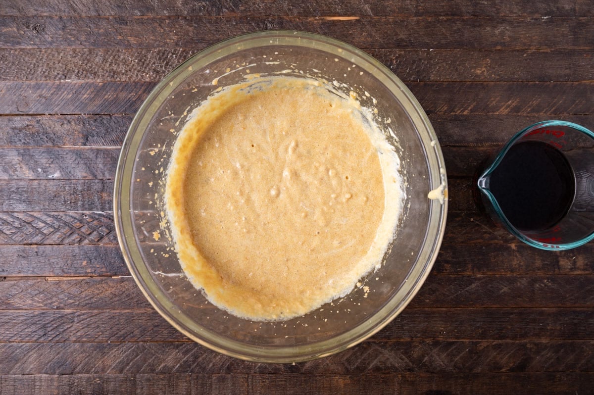wet ingredients for cake batter in a bowl