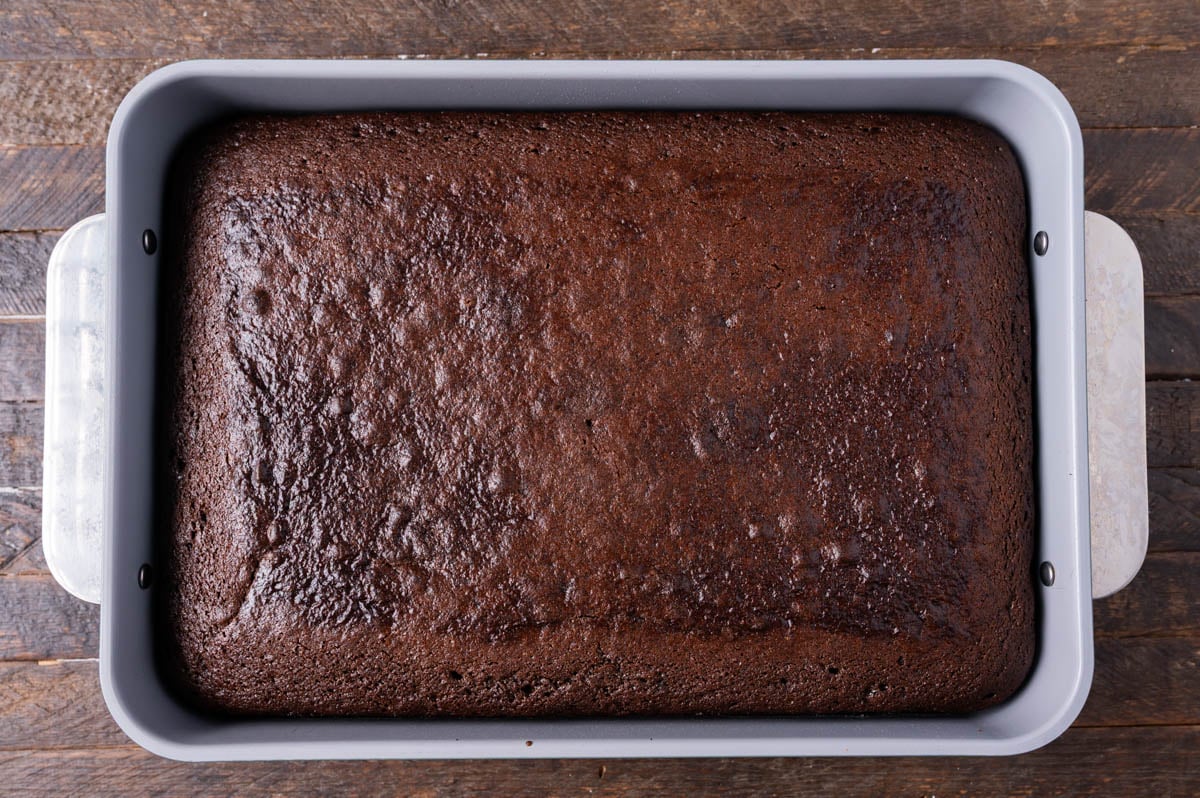 overhead view of a chocolate cake in a pan