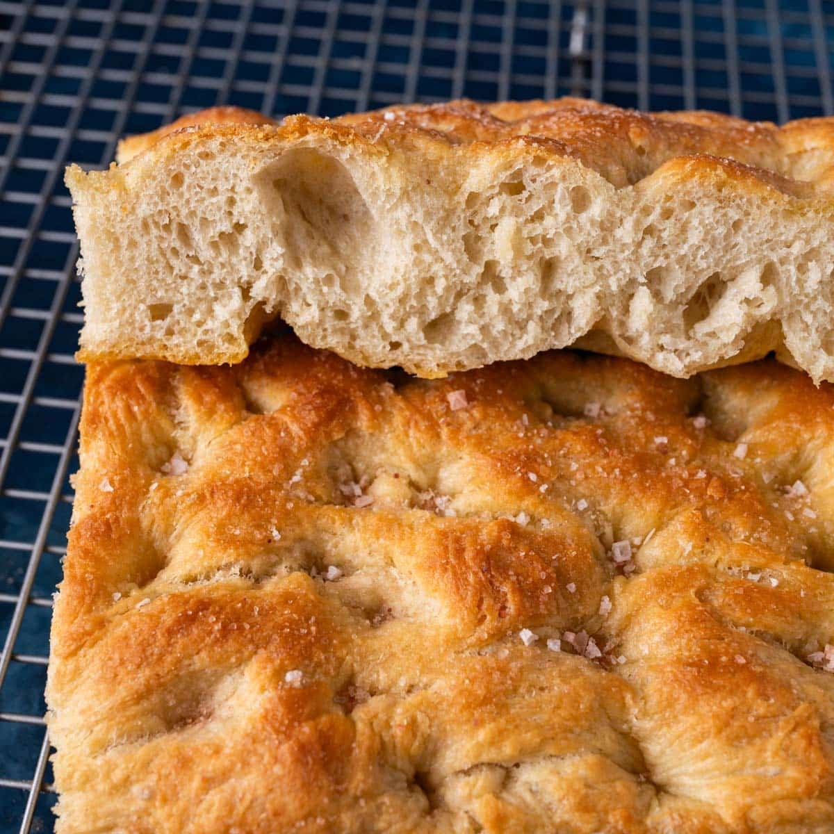 closeup of sourdough discard focaccia
