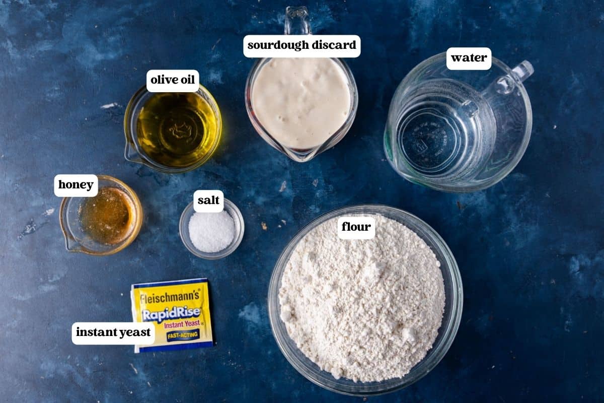 sourdough discard focaccia ingredients on a table