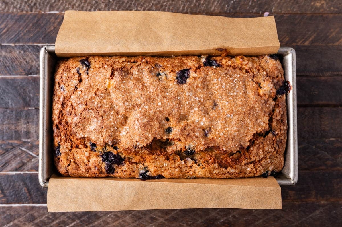 a pan of baked blueberry banana bread