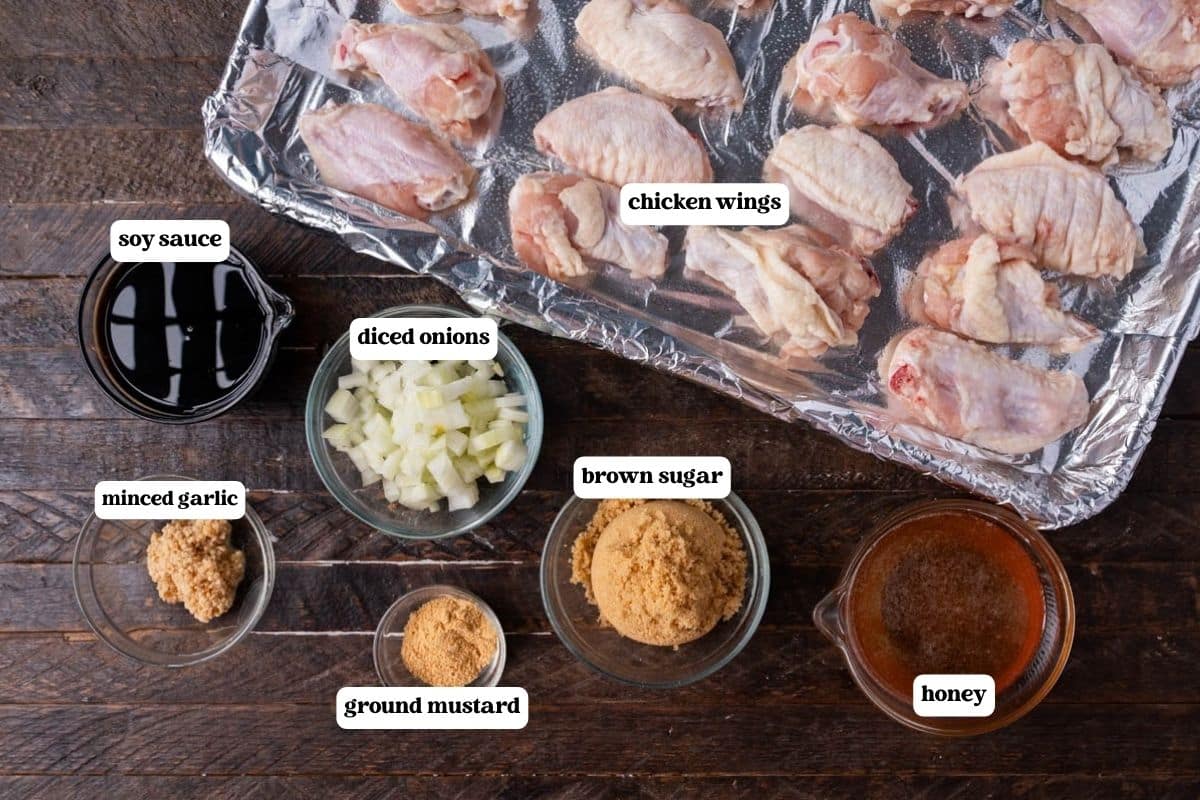 honey garlic chicken wings ingredients on a table
