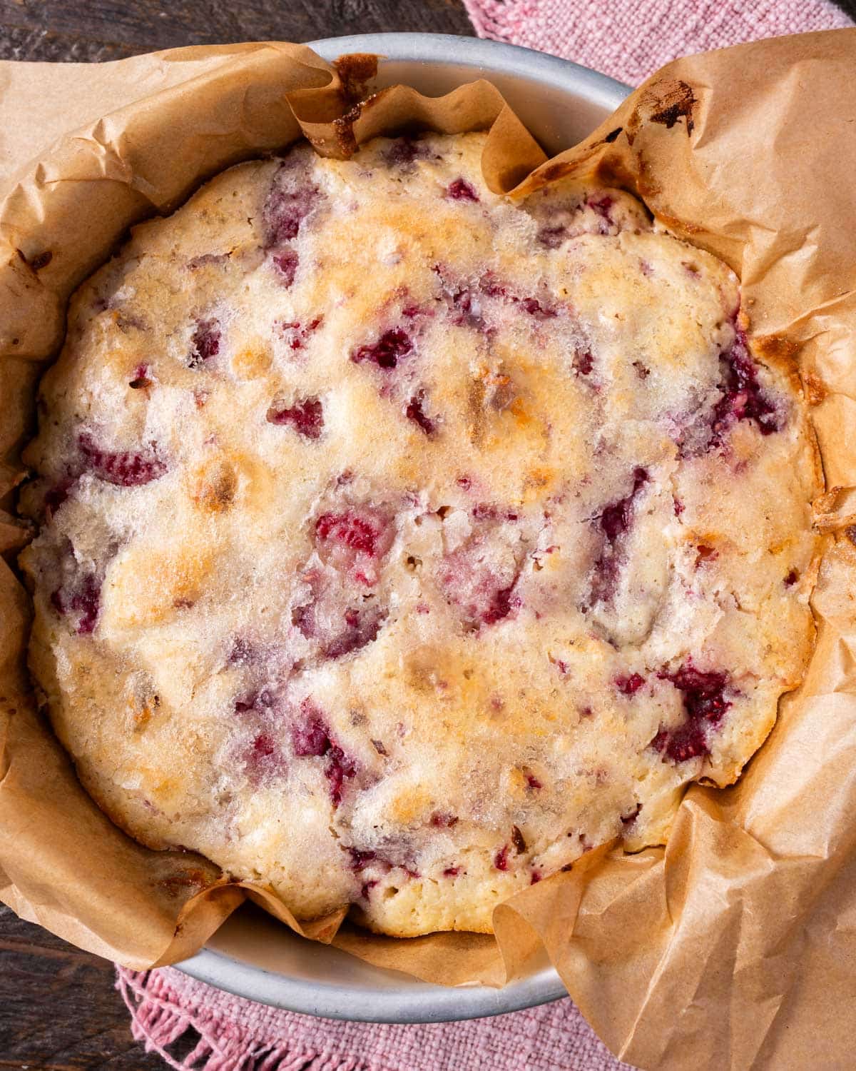 lemon raspberry cake in a baking pan