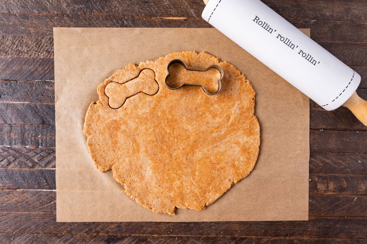 dog treat dough rolled out with a cookie cutter on it