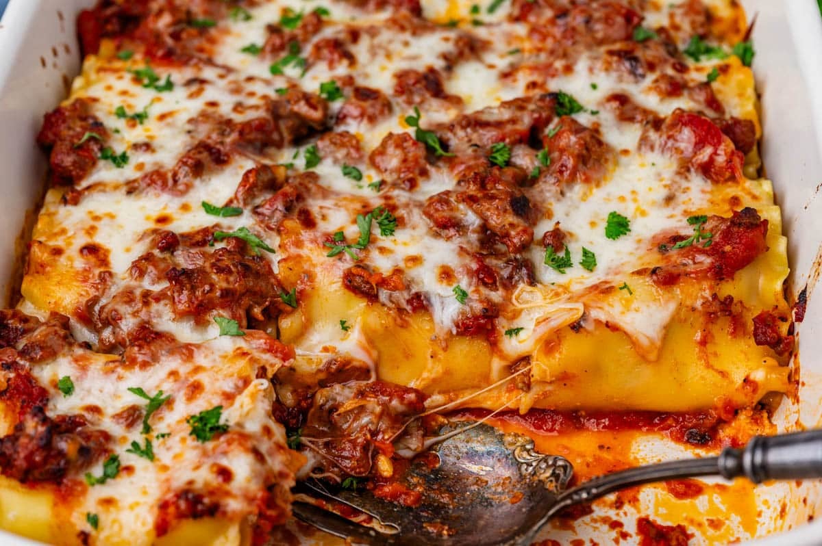 lasagna casserole with lasagna noodles in a pan