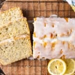 overhead view of lemon bread cut in slices on a table