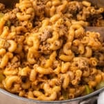 closeup of cheeseburger pasta in a skillet