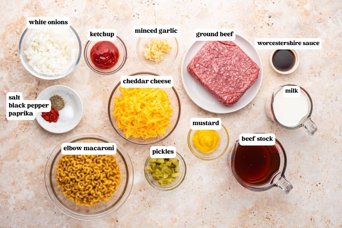 cheeseburger pasta ingredients on a table