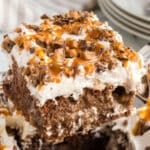 a piece of better than anything cake on a spatula
