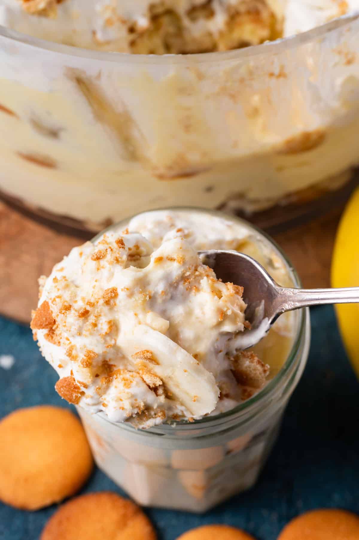a spoonful of banana pudding from a jar