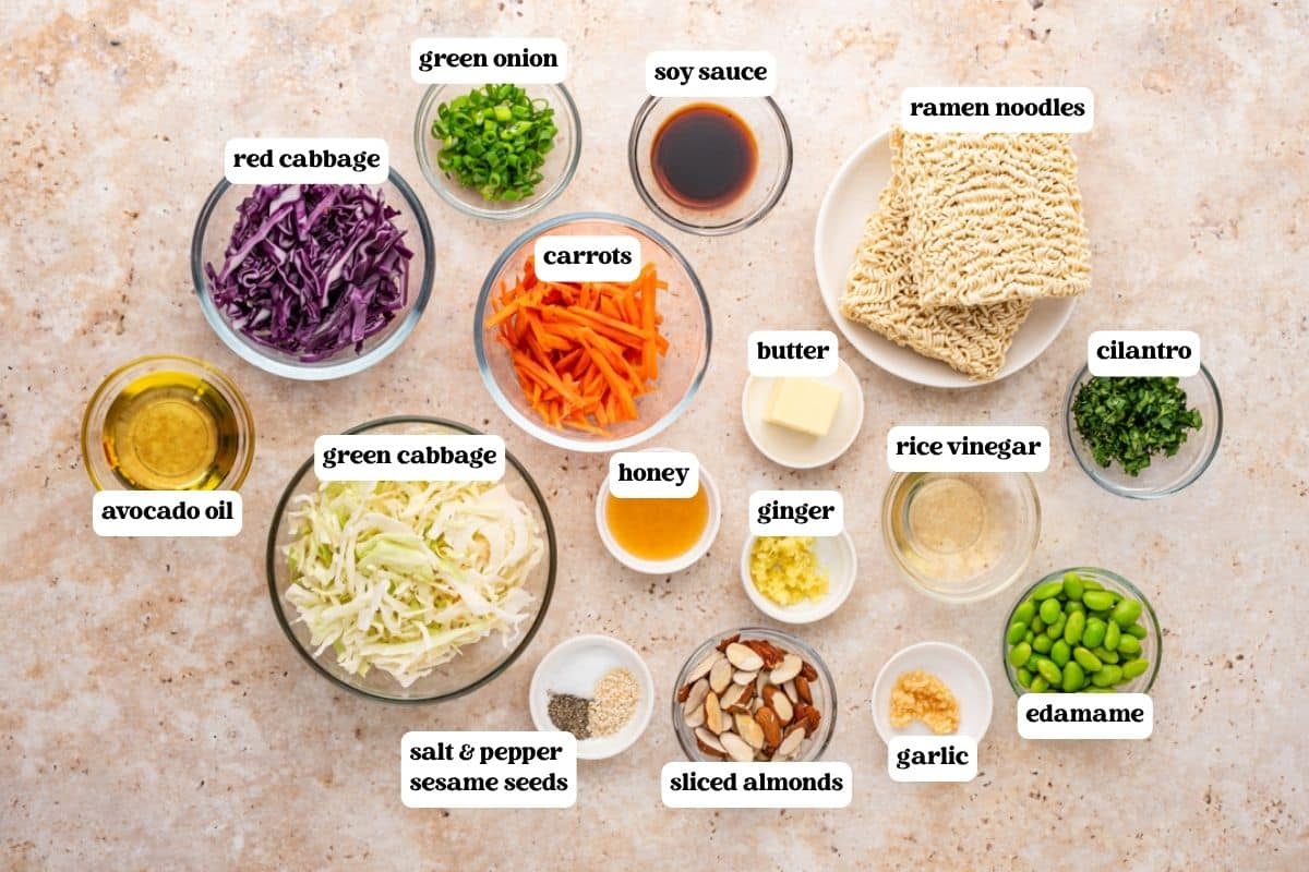 ramen noodle salad ingredients on a table