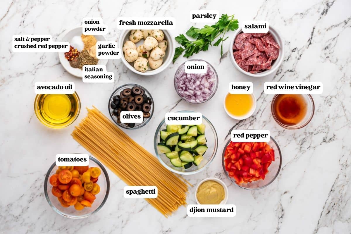 spaghetti salad ingredients on a table