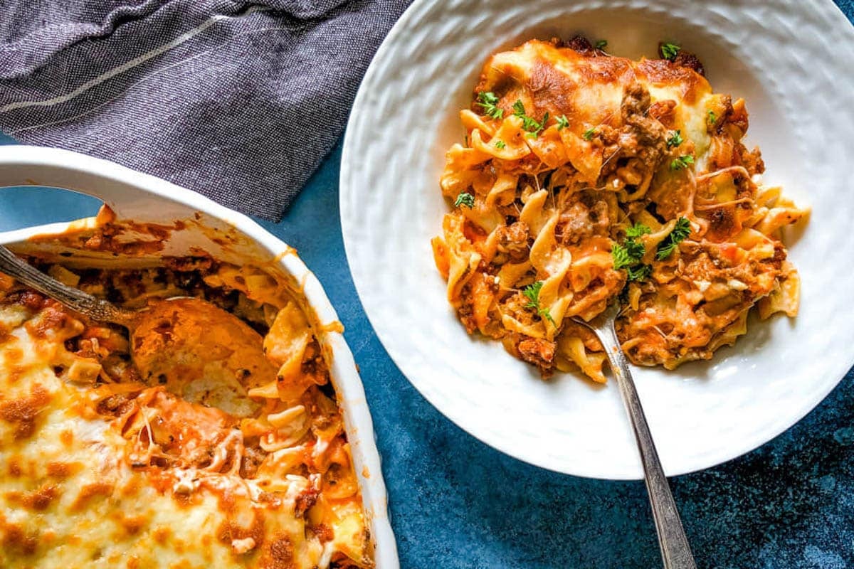 overhead view of lasagna casserole on a table